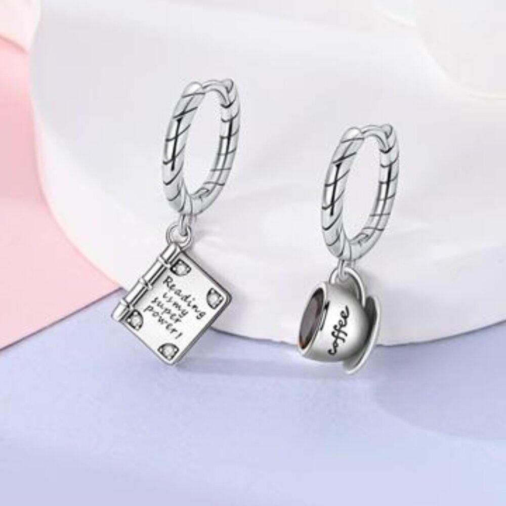 925 Sterling Silver Coffee And Book Drop Dangle Earrings Fashion Hoop Jewelry